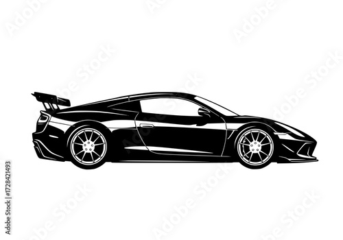 Vector art of sleek black sports car with aerodynamic design and large rear wing