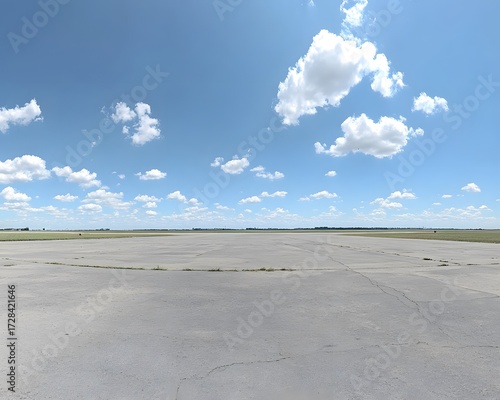Empty Airport Runway Under Blue Sky with Fluffy Clouds