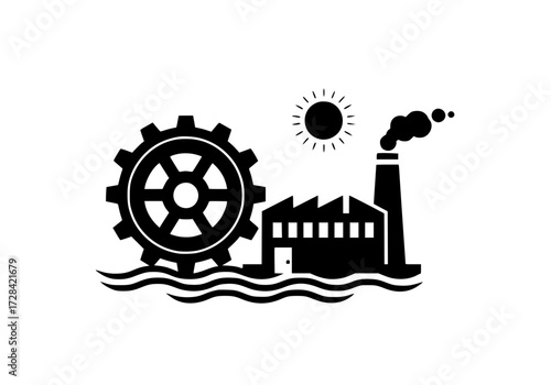 Vector art of industrial icon featuring factory, waterwheel, and gears with pollution symbol