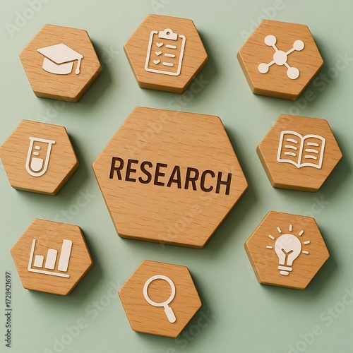 Research and Data Analysis Concept. Wooden hexagonal blocks with scientific icons on green background, representing academic study, analysis methodology and knowledge development workflow process.