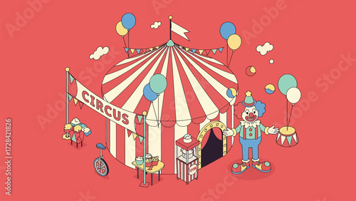 Whimsical Isometric Circus Scene Vector Illustration with Clown, Big Top Tent, and Festivities