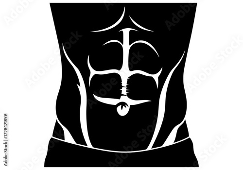Vector art of black and white illustration of human torso with highlighted abdominal muscles and spine