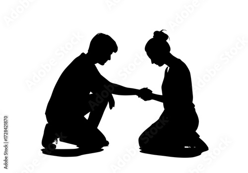 Vector art of silhouette of a man kneeling and holding hands with a woman in a romantic gesture