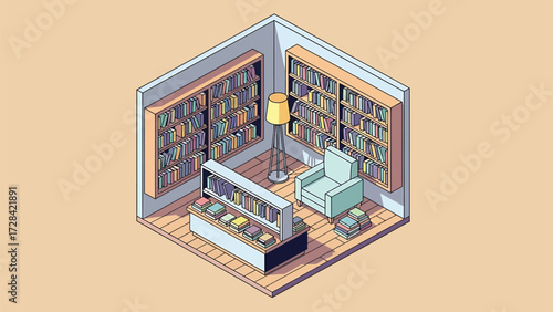 Inviting Isometric Book Retreat Vector Art: A Calm Corner with Shelves Brimming with Literature and an Armchair