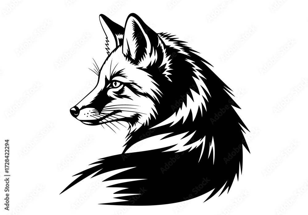 Obraz premium Vector art of elegant black and white fox head illustration with intricate fur details