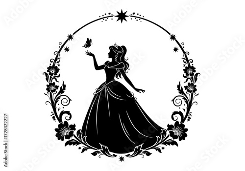 Vector art of elegant silhouette of princess holding bird in ornate floral frame