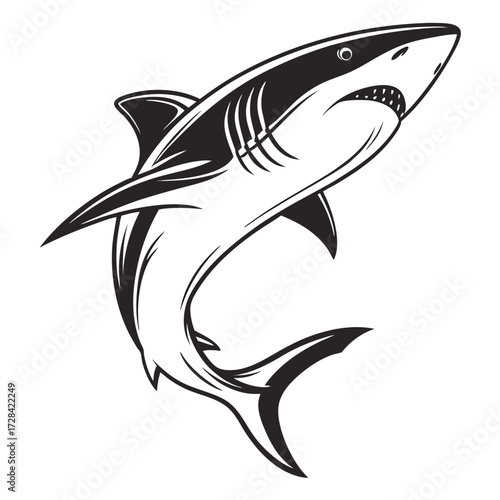 A striking black and white illustration of a shark with its mouth open, showcasing its sharp teeth and powerful fins.