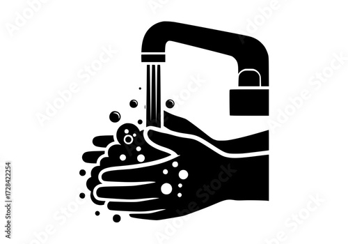 Vector art of black and white icon of hand washing under running water from faucet