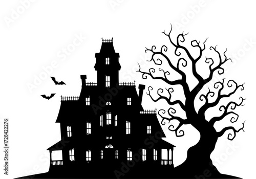 Vector art of haunted house silhouette with bare tree and flying bats in spooky halloween scene