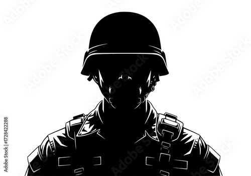 Vector art of silhouette of soldier in helmet with dark background emphasizing military and strength