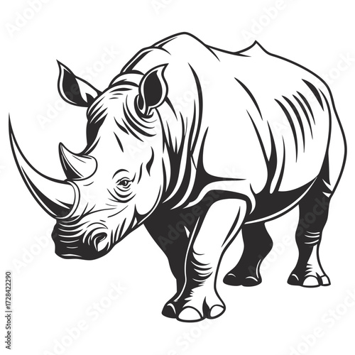 Black and white illustration of a rhinoceros with a large horn, showing detailed skin texture.