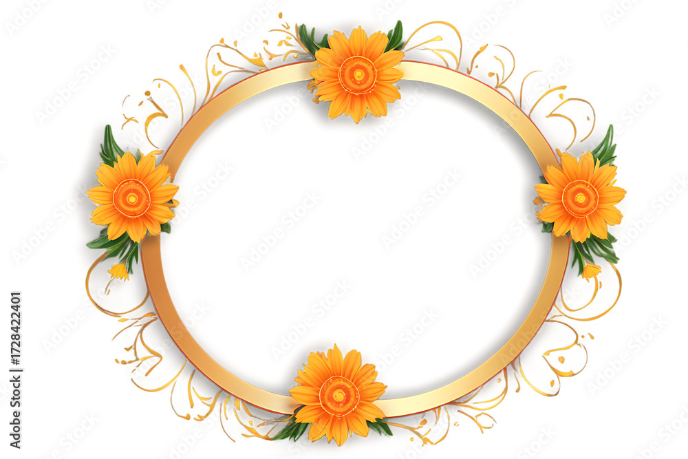 Obraz premium Golden Oval Frame with Orange Flowers and Decorative Swirls.