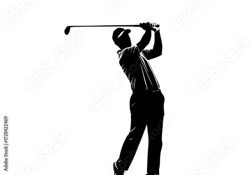 Vector art of golfer in midswing action with club raised