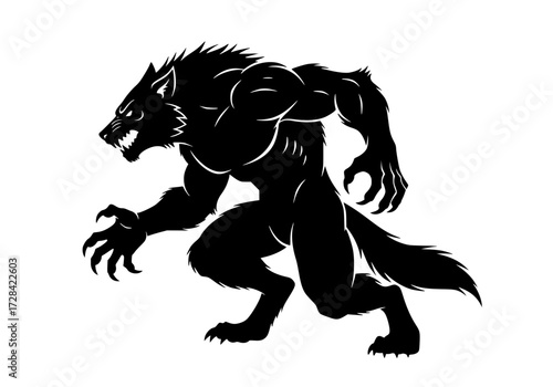 Vector art of silhouette of mythical werewolf creature in aggressive stance