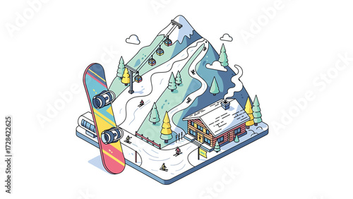 Vector Isometric Illustration of a Winter Ski Resort with Snowboard, Chalet, and Mountain Slopes