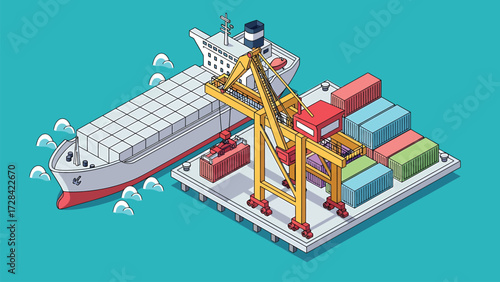 Vector Isometric View of a Bustling Seaport Terminal: Gantry Crane Actively Loading Intermodal Containers for Global Trade and Maritime Logistics.