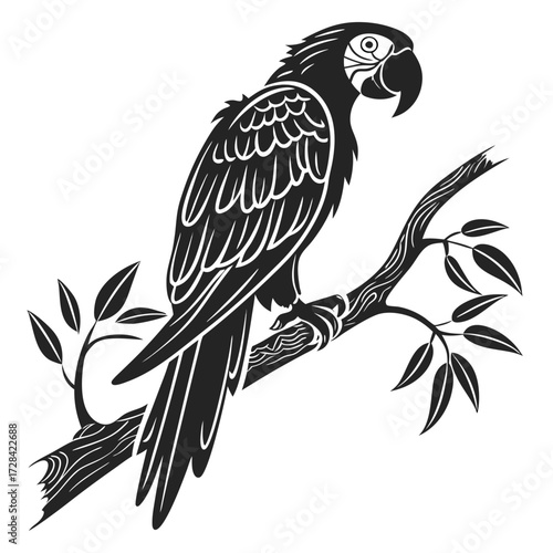 Black and white illustration of a parrot perched on a tree branch with leaves.