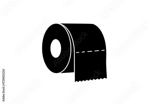 Vector art of black and white illustration of toilet paper roll with dashed line