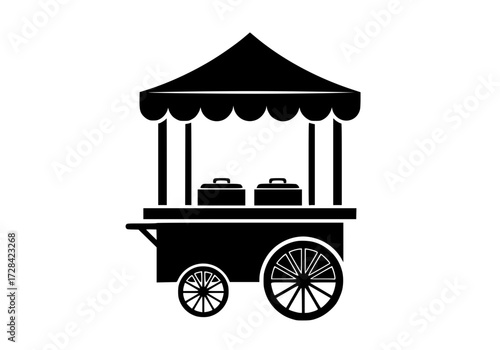Vector art of vintage black and white food cart illustration with canopy and wheels