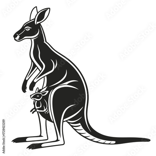 Monochrome illustration of a kangaroo with a joey in its pouch, stylized design.