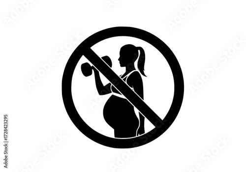 Vector art of prohibition symbol of pregnant woman holding dumbbell