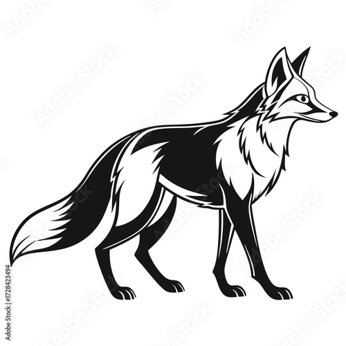 Stylized black and white illustration of a fox standing, depicted in a graphic art style with strong contrasts.