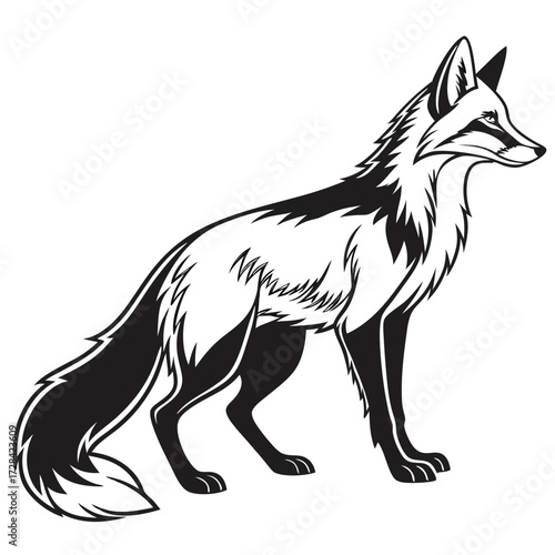 A stylized black and white illustration of a fox standing alert with its tail bushy and its ears pointed.