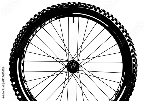 Vector art of closeup view of mountain bike tire with tread pattern and spokes