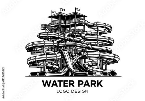 Vector art of creative water park logo design with slides and pools