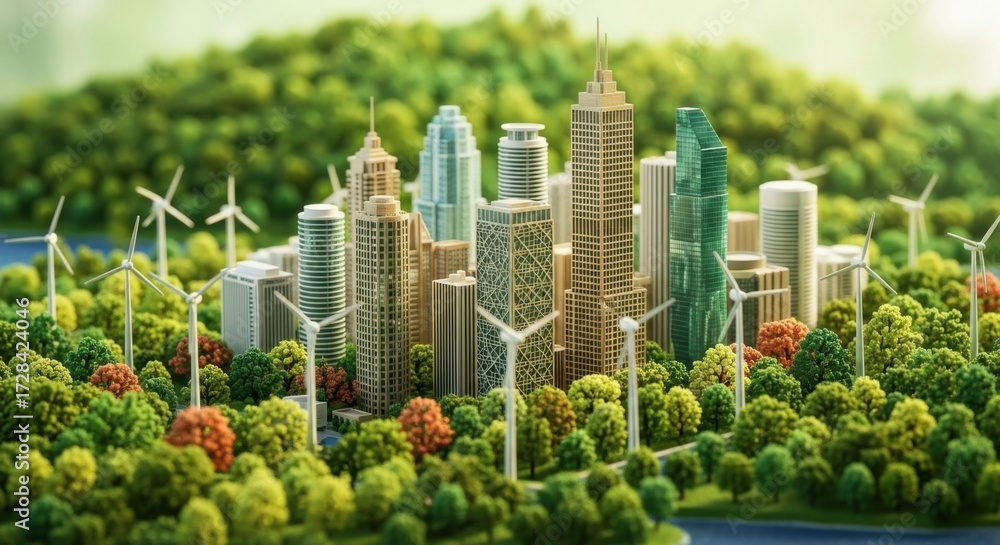 Obraz premium Miniature Cityscape with Tall Skyscrapers and Wind Turbines Surrounded by Green Forest