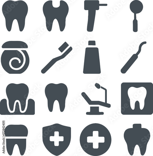 Tooth Amalgam 16 Solid Color Icon Set Collection on White Background