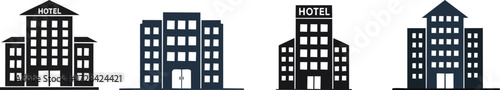 Sightseeing Trip. Four hotel icons in a minimalist style, showcasing different architectural designs, perfect for travel or accommodation-related projects.