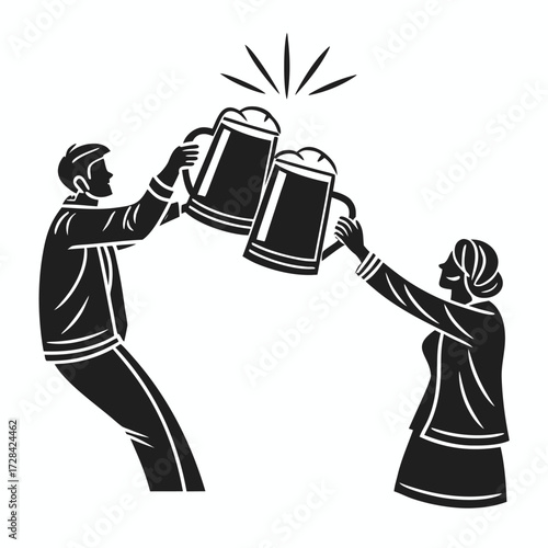 Silhouetted people toasting with beer mugs, celebrating.