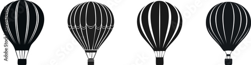 Sightseeing Trip. Four stylized black and white hot air balloons with distinct designs, showcasing a classic aerial mode of transport in a minimalist style.
