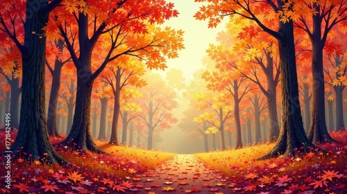 Autumnal Pathway Through a Sunlit Forest of Vibrant Maple Trees with Fallen Leaves