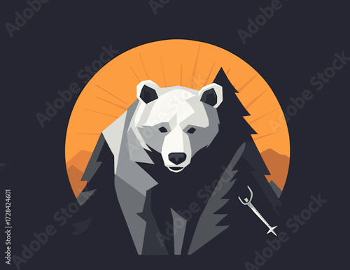 Minimalist geometric bear silhouette with pine trees and sunset background flat vector illustration for wildlife or nature themes