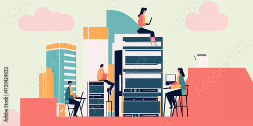 Business technology team working on cloud computing server infrastructure with laptops in modern office flat vector illustration