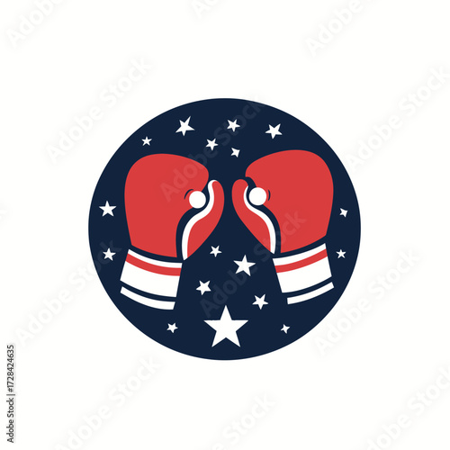 Red boxing gloves icon with stars in dark circle background flat minimalist style sport equipment vector illustration for boxing club or gym design symbol