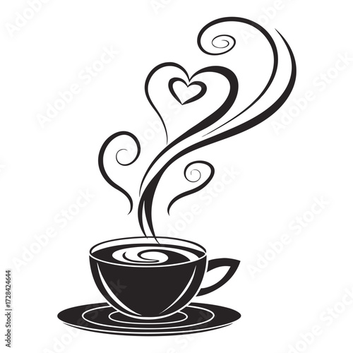 A steaming cup of coffee with a heart-shaped swirl of steam rising from it.
