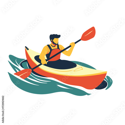 Man paddling orange and yellow kayak with double blade paddle on blue water waves flat vector illustration minimalist design