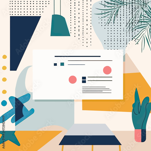 Abstract minimalist business presentation slide background with geometric shapes, plant elements, hanging lamp, and data visualization layout in soft pastel colors for modern corporate projects