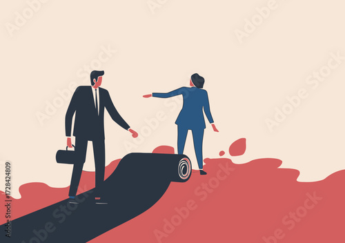 Business people unrolling black carpet leading to success path concept team work career development flat vector illustration