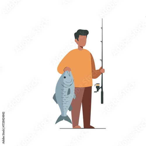 A fisherman proudly holds a large fish he has caught, standing with his fishing rod, ready for more adventures