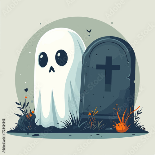 Cartoon ghost next to a tombstone in a graveyard illustration.