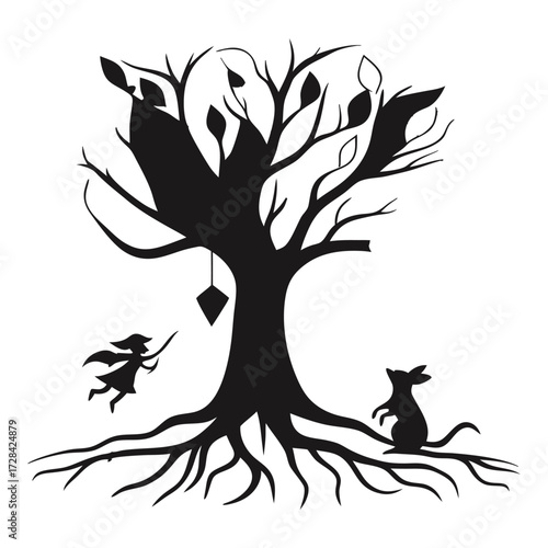 Enchanted Tree Silhouette: A whimsical silhouette of a mystical tree with a playful scene, featuring a soaring pixie and a curious mouse, the intricate details bring a storybook charm.