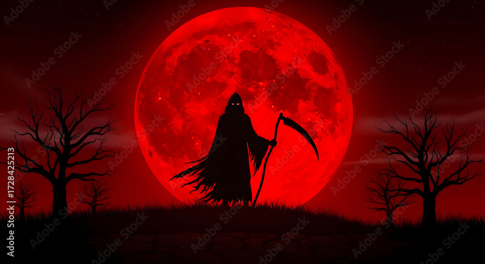 Fototapeta premium Grim Reaper Silhouette Against a Blood Red Moon
