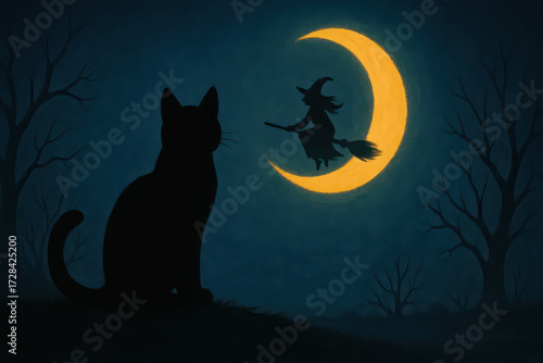 Witch silhouette flying on broomstick in front of crescent moon with black cat watching