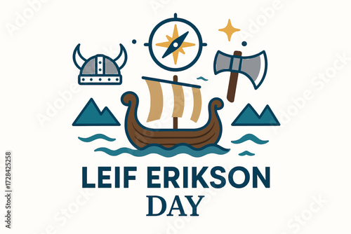 Leif Erikson Day Minimal Flat Illustration with Exploration Symbols