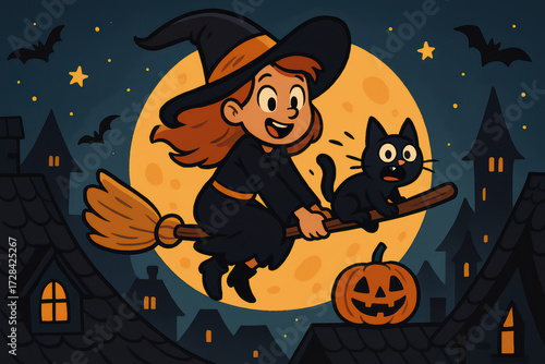 Happy witch flying on broomstick with black cat and pumpkin under full moon