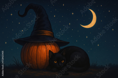 Black cat resting near pumpkin with witch hat under crescent moon and starry night sky